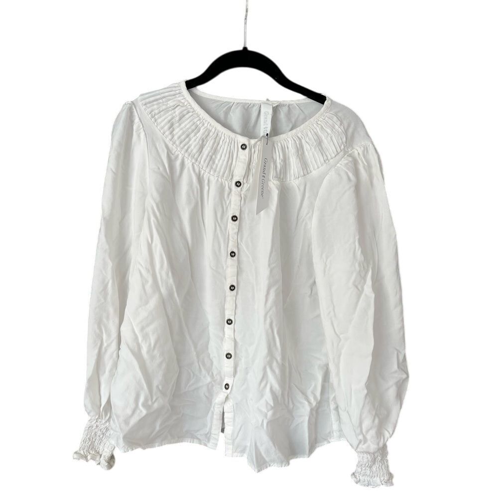 Grand & Greene White Blouse Button Down Long Sleeve Top Small